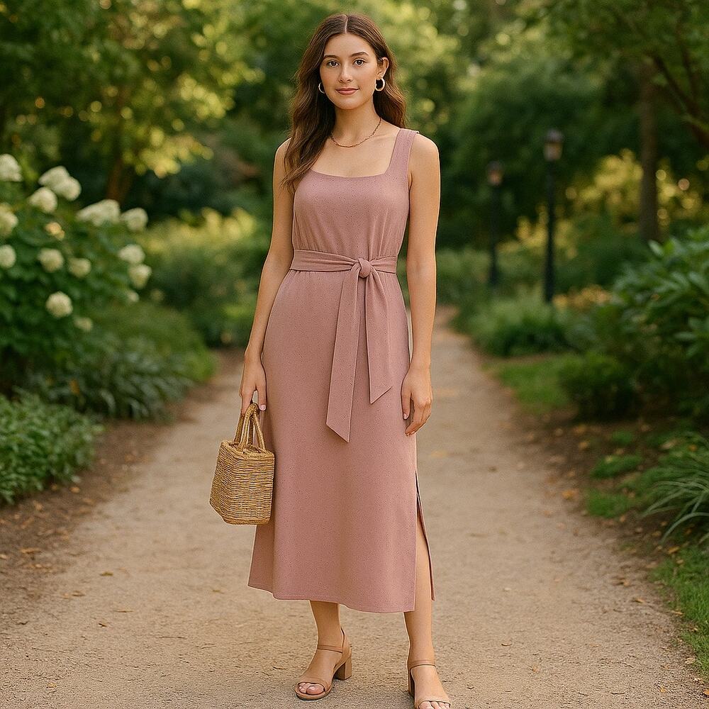 Vince Belted Square Neck Soft Cotton Midi Dress in Pink Size Small